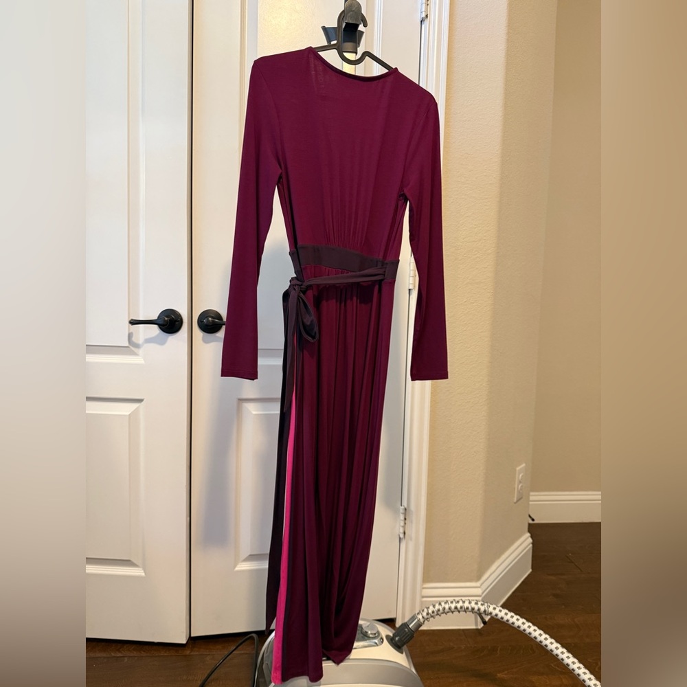 Boden Long Sleeve Color Block Wrapped Dress in Purple and Pink - Picture 9 of 9